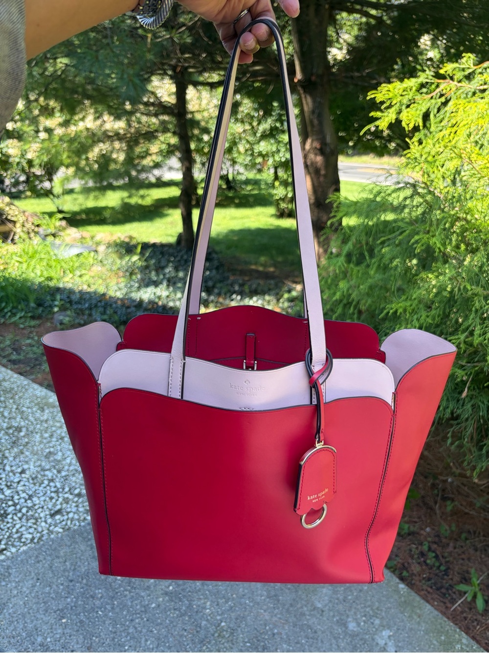 Kate Spade Red & Blush Pink Leather Scallop Tote Bag + Charm